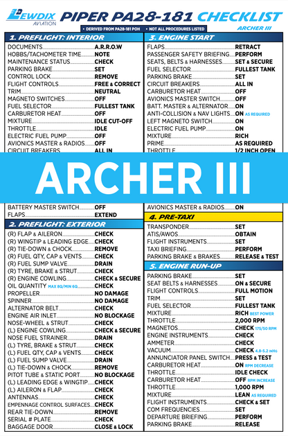 PA28-181 (Archer III) Checklist – LewDix Aviation