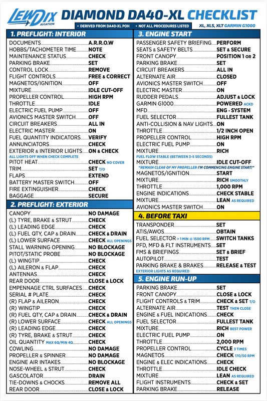 Diamond DA40-XL G1000 Checklist